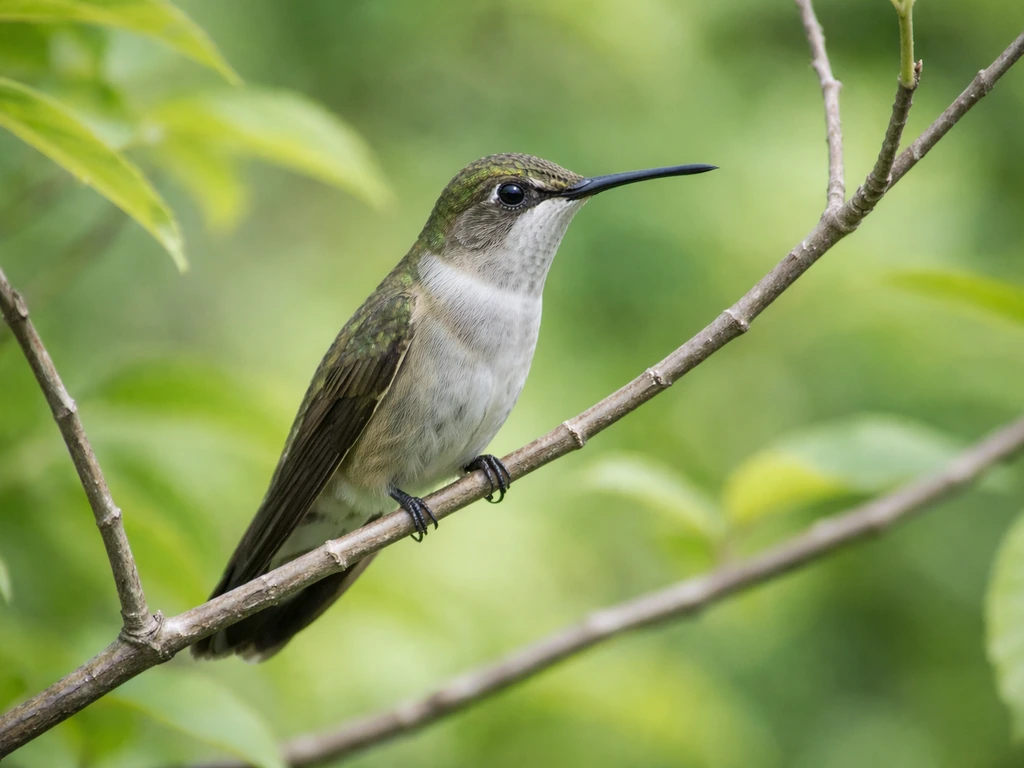 A slender hummingbird-like bird perched on thin branches near green foliage, alert and calm.