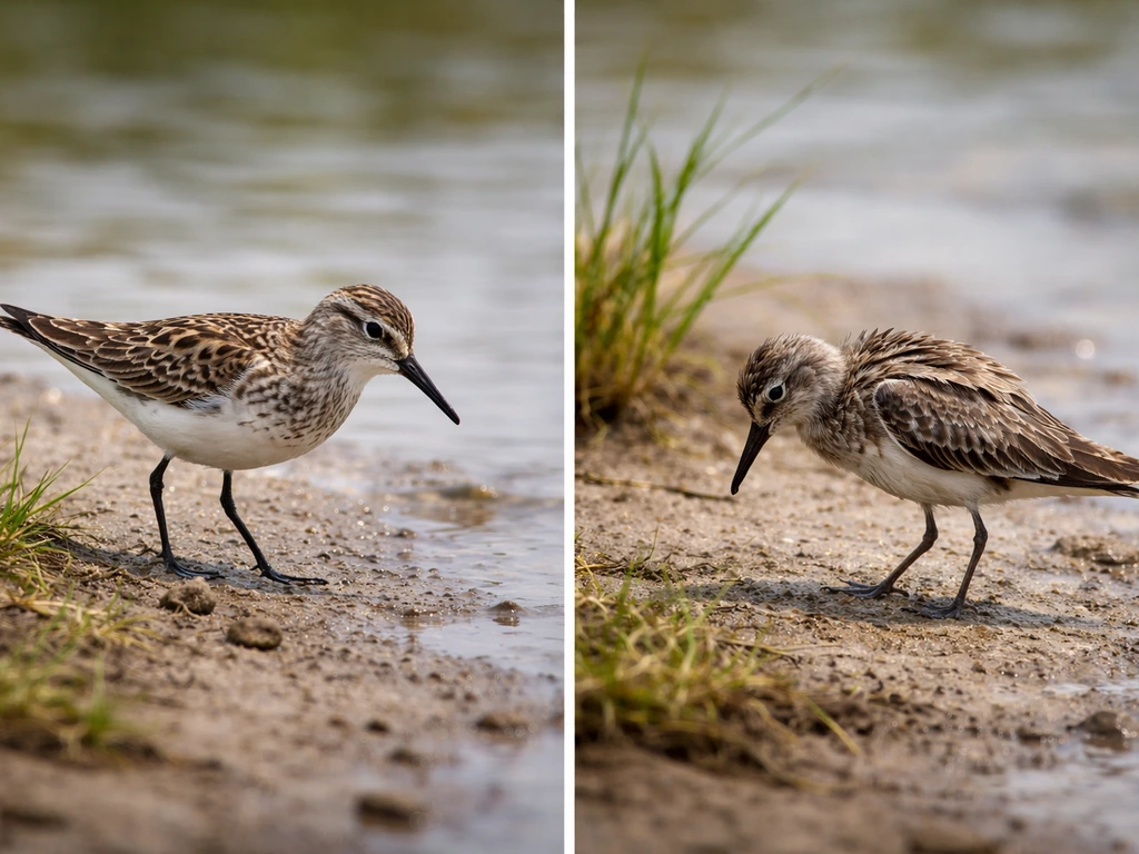 Left healthy slender foraging bird; right emaciated hunching bird in trouble near shallow water.