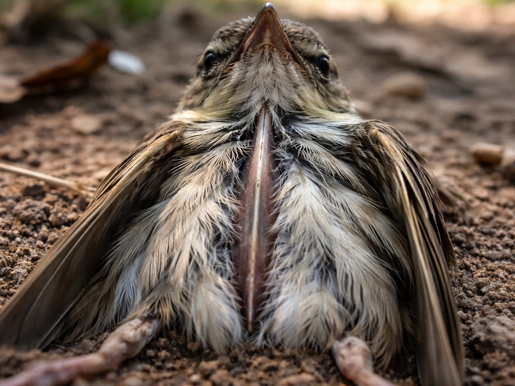 Close-up of a small bird’s chest with a sharply prominent keel on the ground, suggesting emaciation.