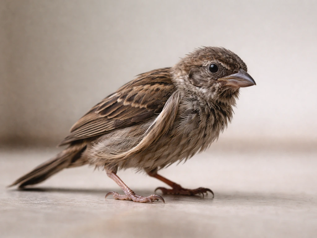 Thin bird with sunken eyes and dull, dry feathers, showing mild tented skin from a safe distance.