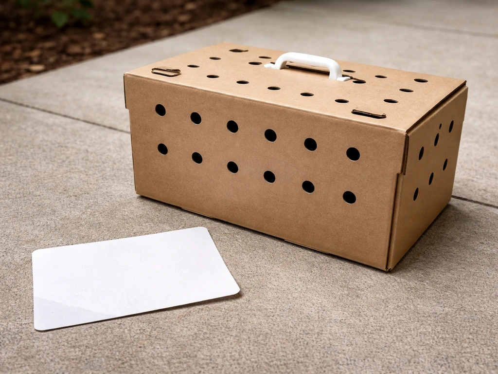 Ventilated wildlife transport box with an information card beside it, ready for calling a bird rehab professional.