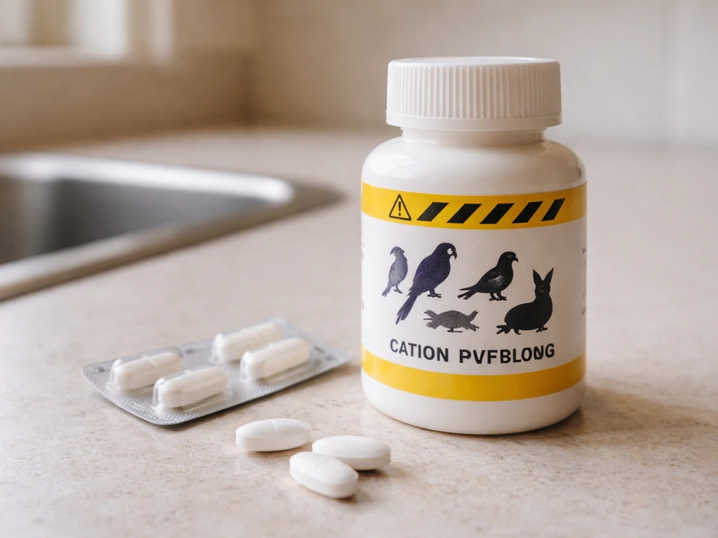 Over-the-counter animal antibiotic bottle and tablets on a kitchen counter with a caution label.