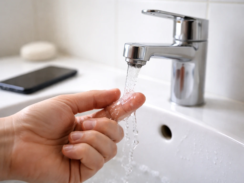 Hand rinsing fingertips under running water near a smartphone on a clean countertop.