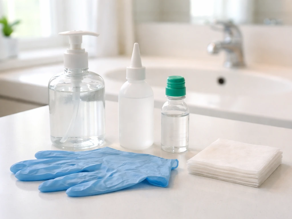First-aid supplies on a bathroom counter: soap, saline eyewash, gloves, and gauze.
