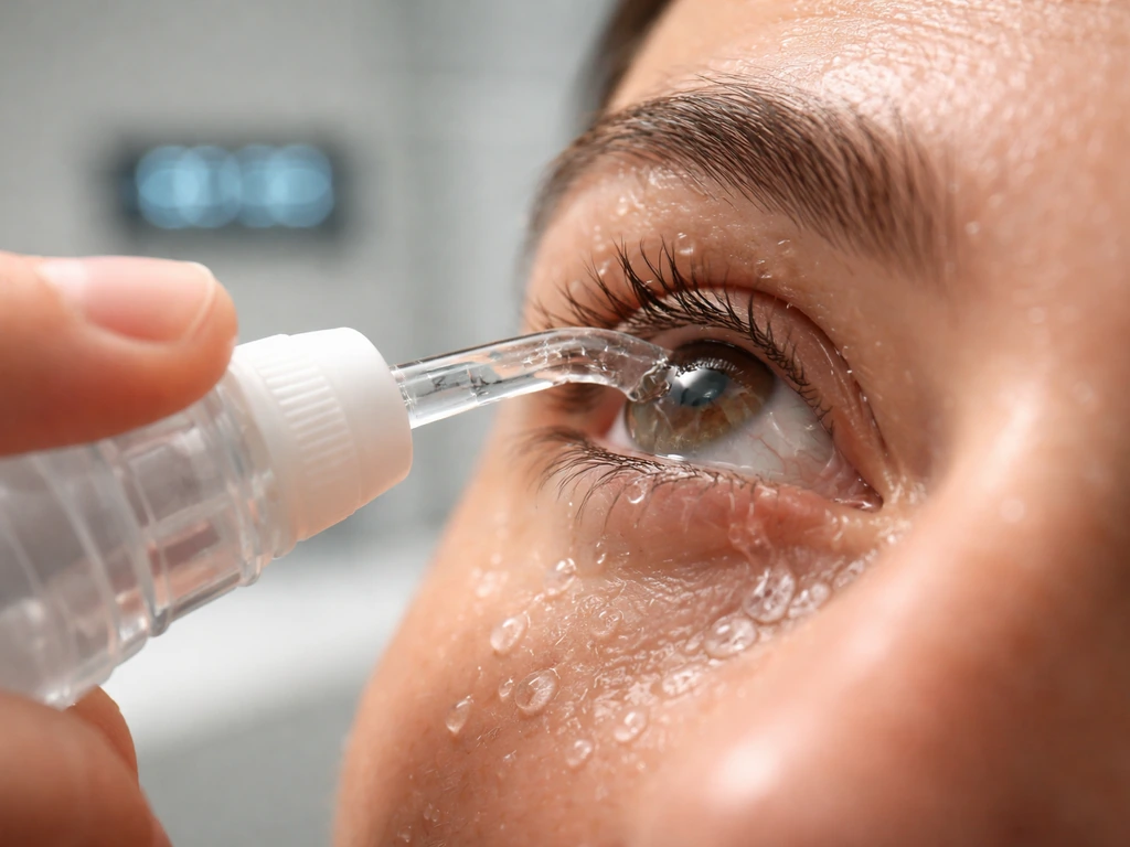 Close-up of clean cool water rinsing an open eye from a handheld eyewash nozzle.