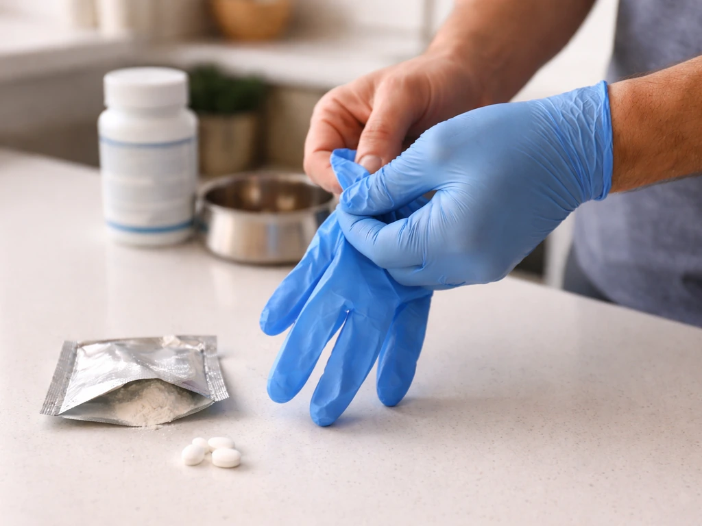 Gloved hands preparing a powder packet on a kitchen counter near a pet medication container.
