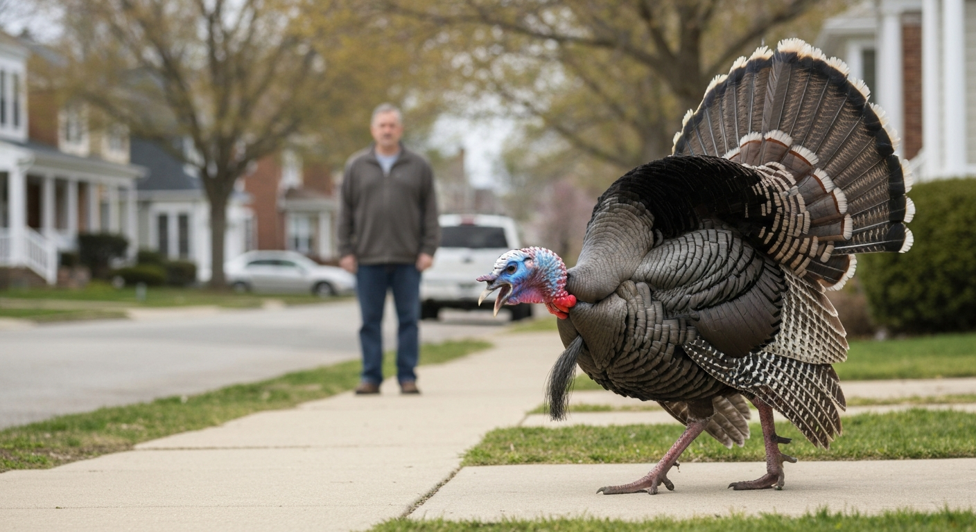 Wild tom turkey in aggressive display (fanned tail, lowered head) on a suburban sidewalk in spring