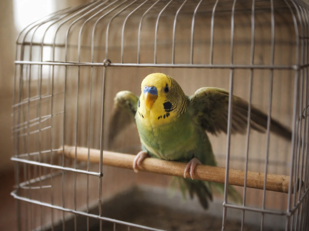 A pet bird in a small cage looks startled as the cage door shakes, suggesting a just-missed impact.