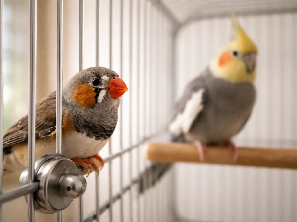 Close view of small finch and larger cockatiel silhouettes near simple cage bars and perches, highlighting risk differen
