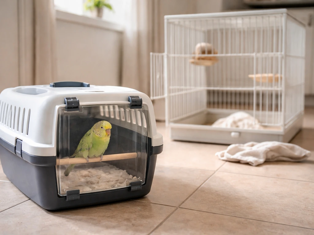Small pet bird in a secure travel carrier while its cage is being cleaned in the background.