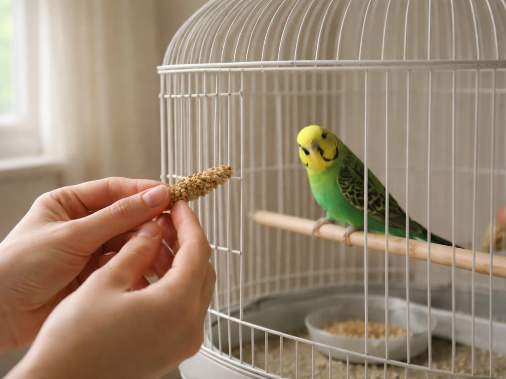 Person offering a small treat near a calm bird by a quiet cage, suggesting desensitization training.