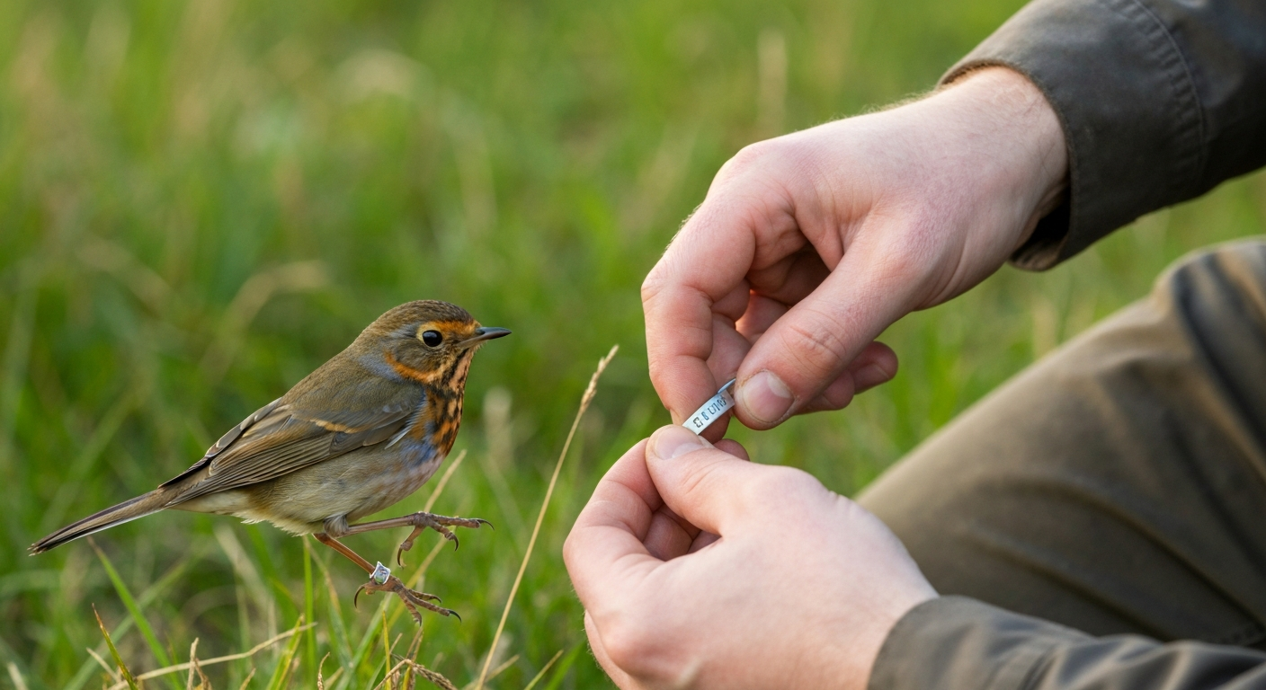 A licensed ringer gently fitting a small metal leg ring to a songbird, hands and ring in clear view.