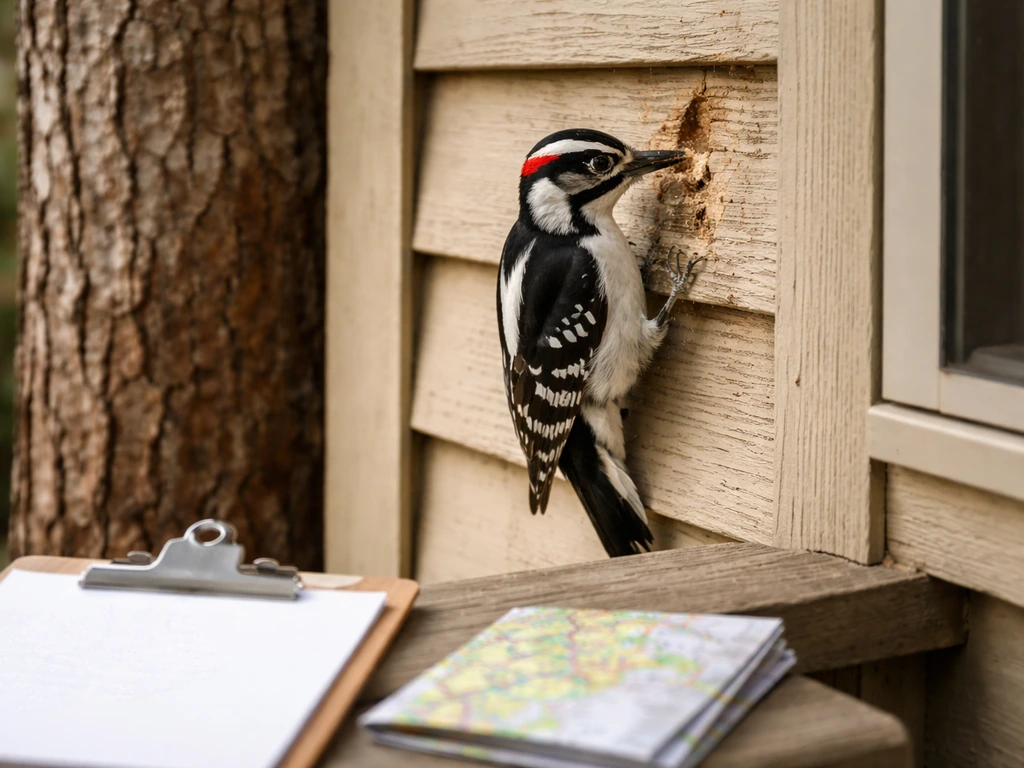A woodpecker pecks a wooden house while a clipboard and folded map sit in the foreground.