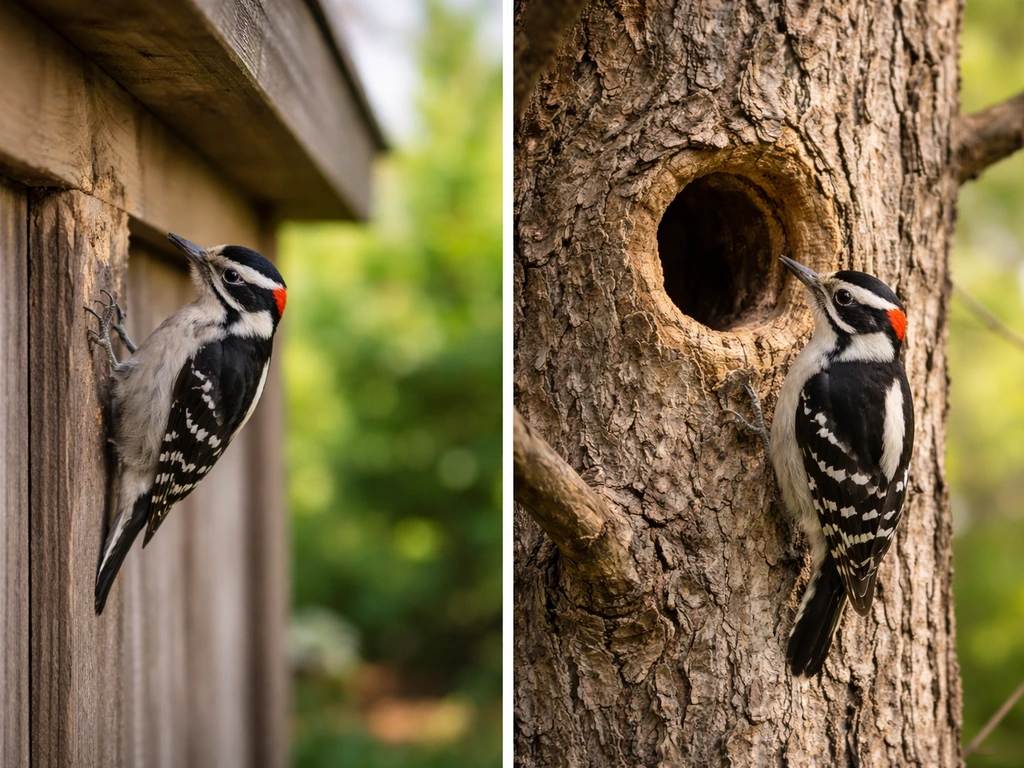 A woodpecker pecking a residential fence and near a hollow tree cavity in a split-panel photo.