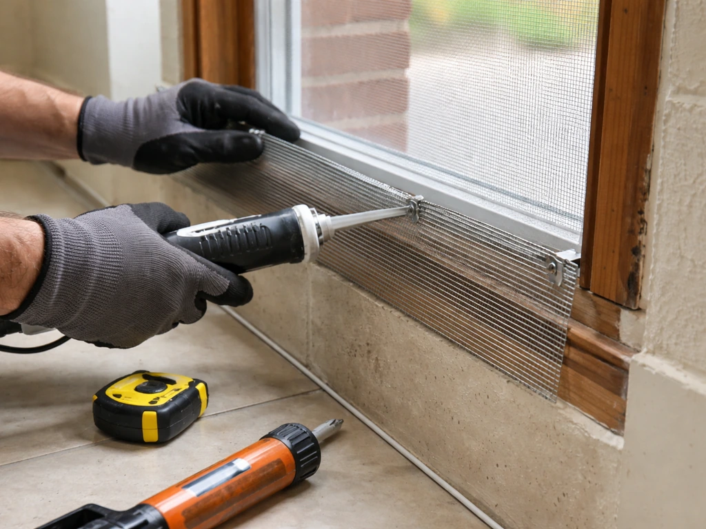 Installer sealing a building window opening with mesh and sealant to prevent bird entry indoors