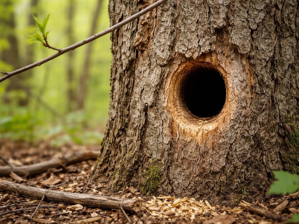 A woodpecker nest cavity in weathered wood with a natural barrier suggesting a safe no-disturbance distance.