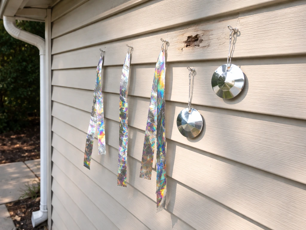Reflective mylar tape and discs mounted on a house gutter to deter woodpeckers non-lethally.