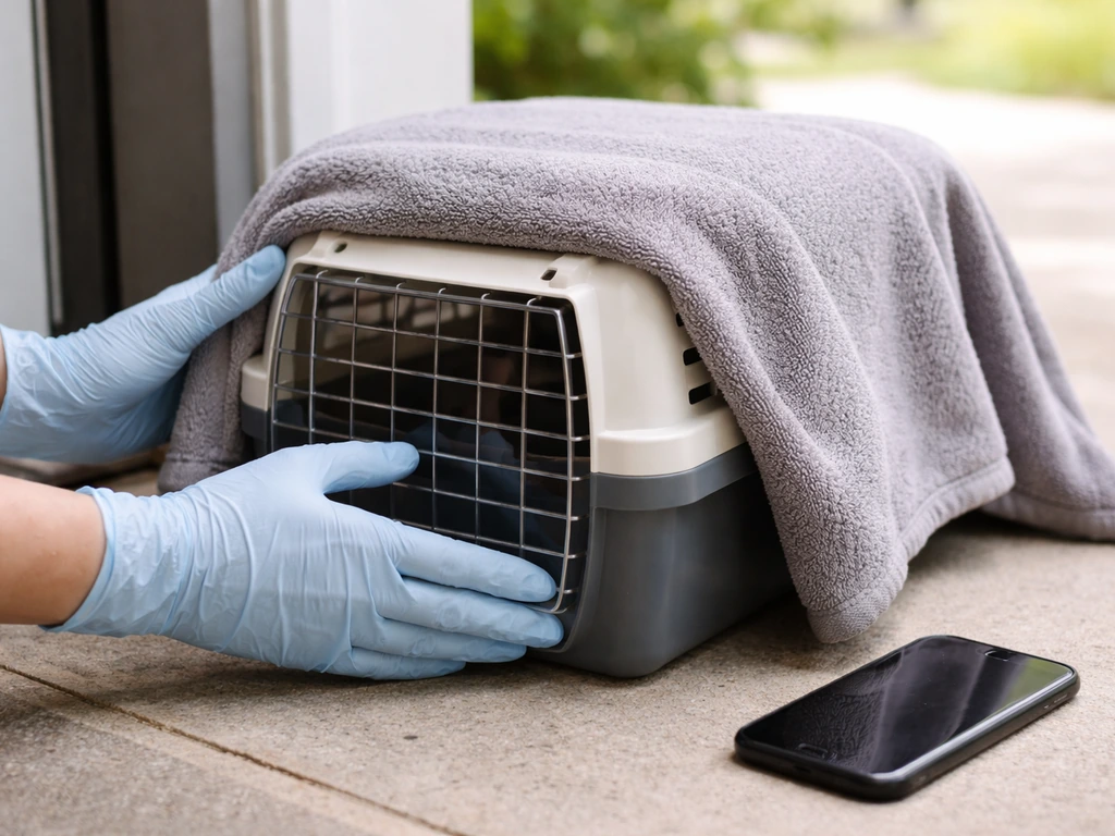 Gloved hands holding a covered pet carrier near a phone, suggesting contacting wildlife help without handling a bird