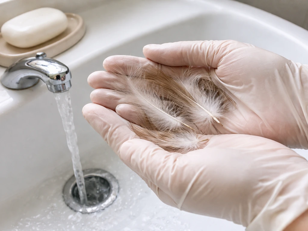 Gloved hands holding bird feathers over a sink with running water and soap for safe cleaning.