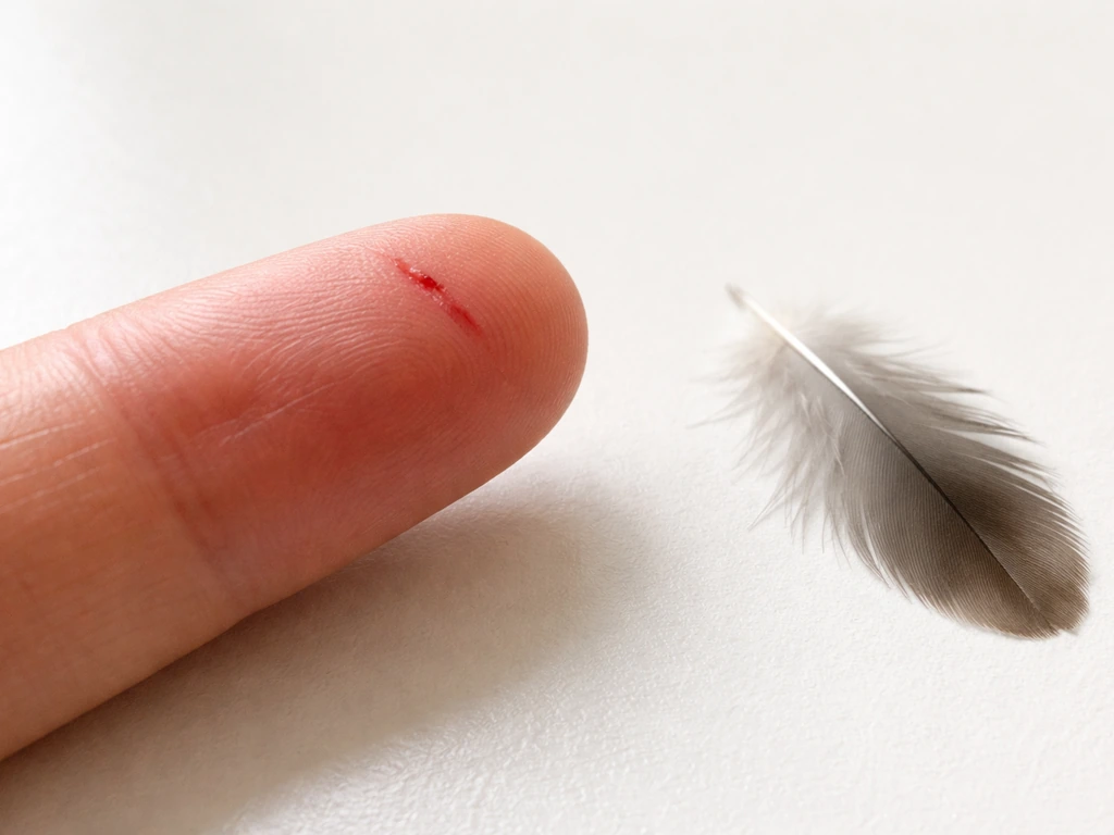 Close-up of a fingertip with a small cut beside a loose wild bird feather, highlighting skin barrier safety.