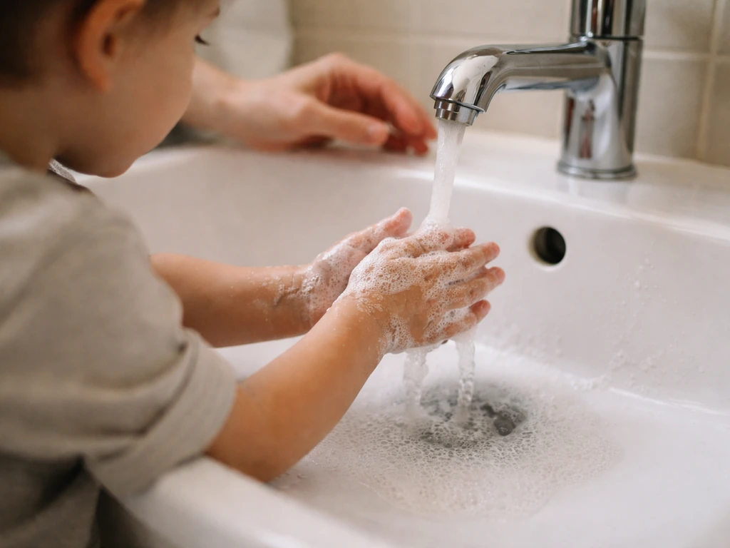 Young child washing hands at a sink with soap under running water, calm supervised hygiene moment.