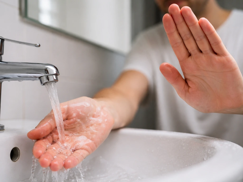 Anonymous hands rinsed at a sink, kept away from the face after touching feathers.