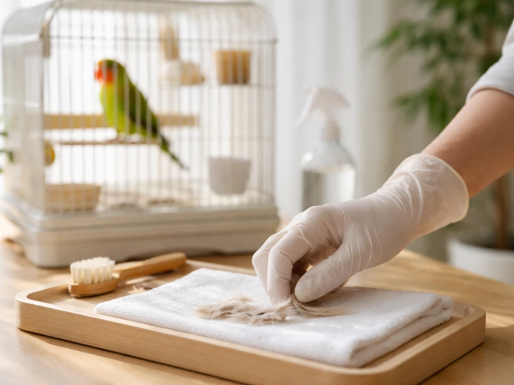 Gloved hands cleaning a clean pet bird cage while a healthy bird sits calmly in the background.