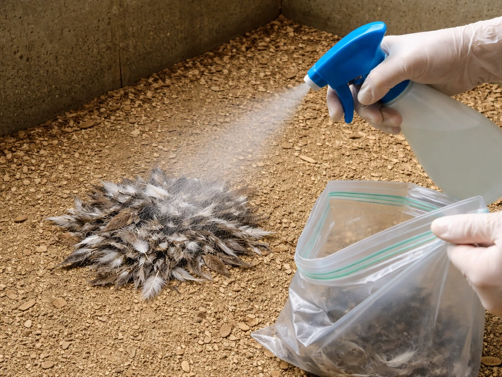 Gloved hands dampen molted feathers with a spray bottle and collect them into a bag inside an enclosure.