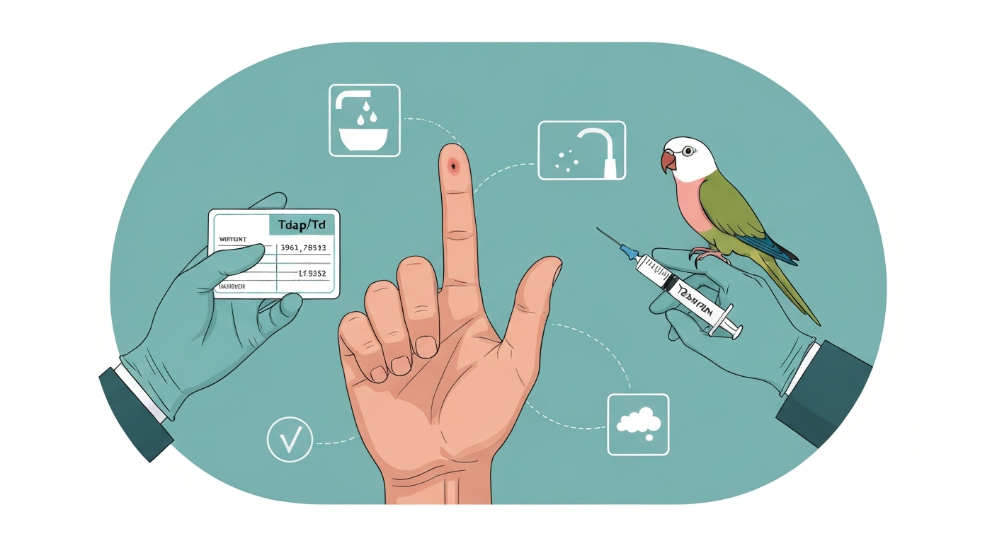 Illustration of a hand with a small bird-bite puncture, a nearby pet bird, a clinician’s gloved hand holding a vaccine syringe labeled Tdap/Td, and a vaccination card; conveys wound care and tetanus vaccination guidance.