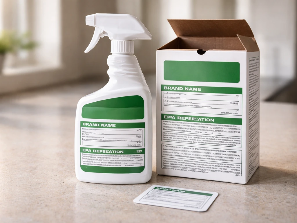 Close-up of pest control repellent bottle and packaging label panels with ingredient/SDS information sections.