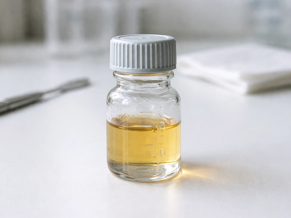 Closeup of a clear reagent bottle with a small amber liquid sample labeled only by embossed glass, lab bench background
