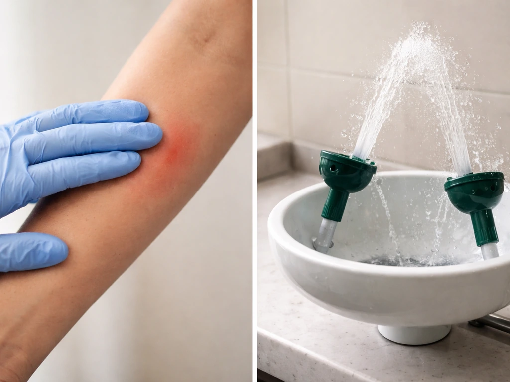 Gloved hand showing skin irritation cue beside an eye-wash style setup, minimal realistic photo scene.
