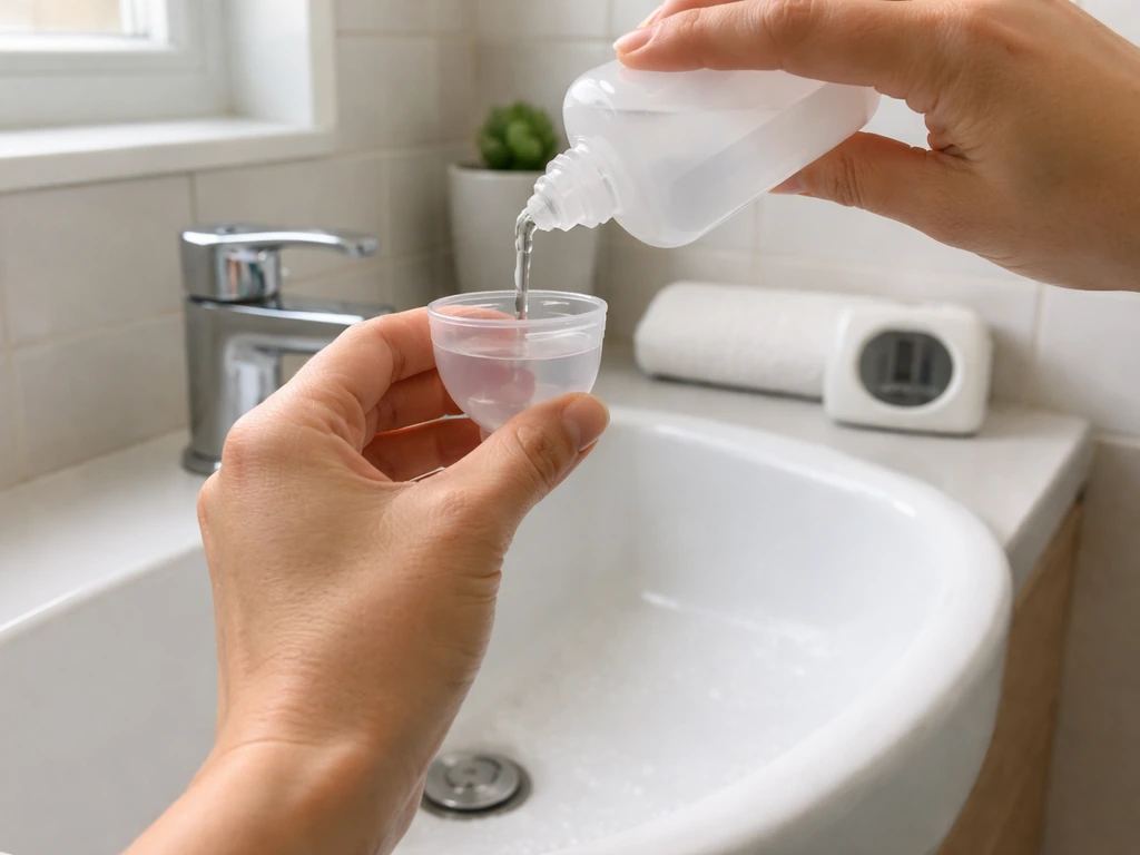 Person rinsing eyes with a saline bottle over a sink, eye-wash cup in view