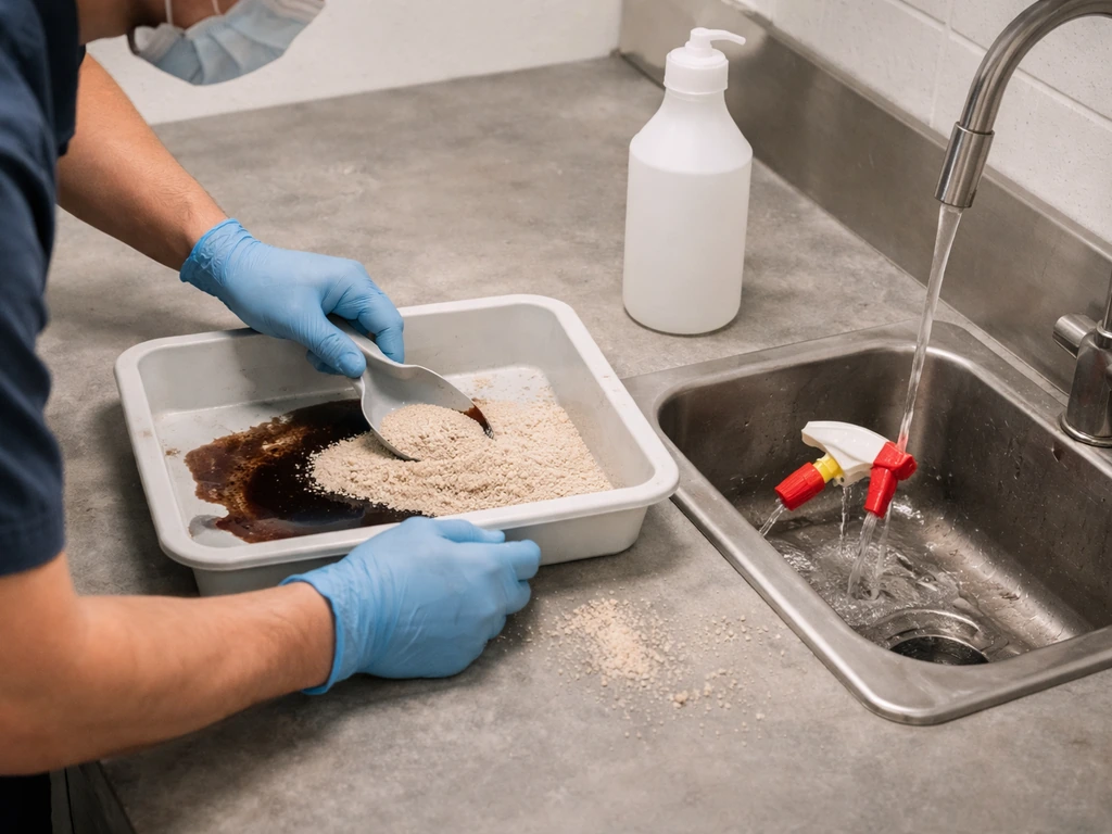 Gloved hands using sand to absorb a small spill in a tray while rinsing sprayer parts at a sink.