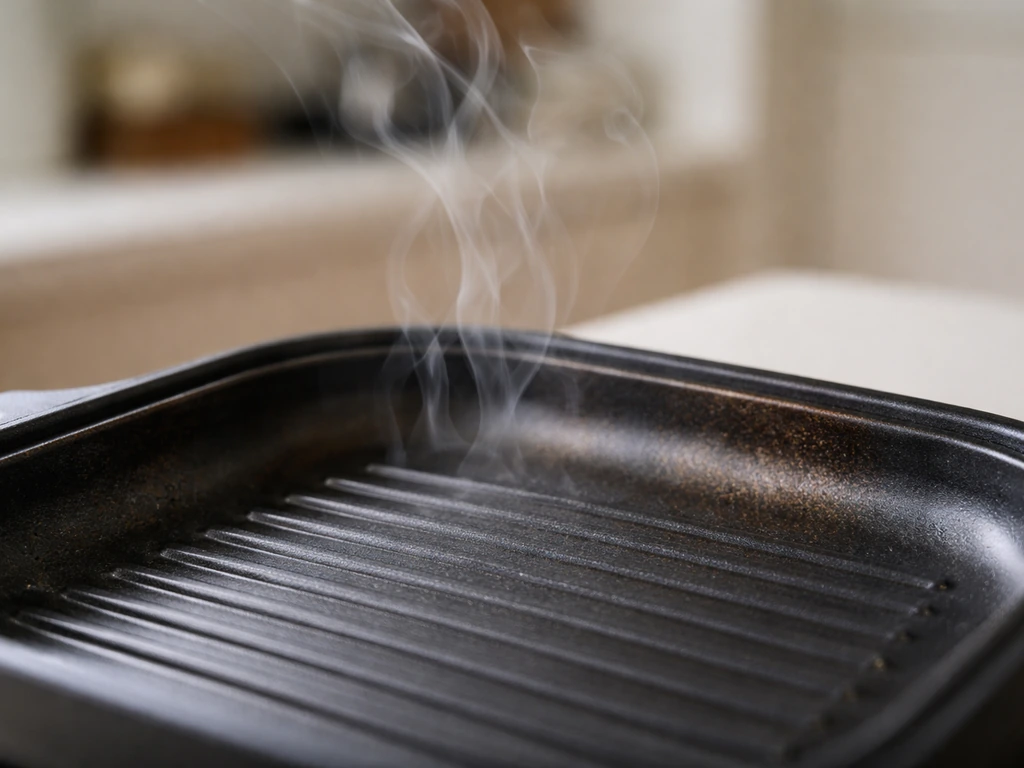 Close-up of a darkened non-stick heating surface with faint smoke wisps rising, showing overheating risk.