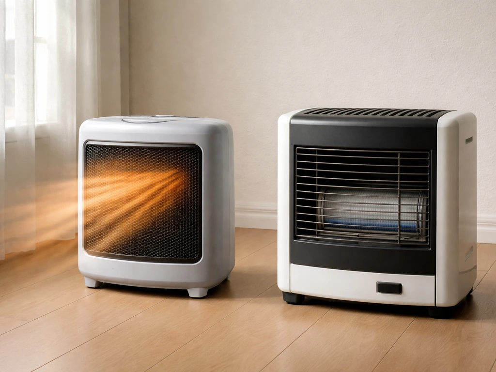 Electric heater with vented airflow beside an unlit gas heater, showing combustion source absence.