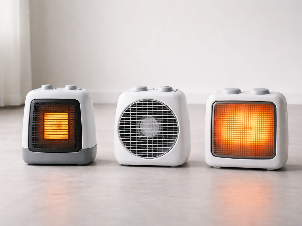 Three electric heater types on a clean floor: ceramic, fan-forced, and radiant, shown side-by-side safely.