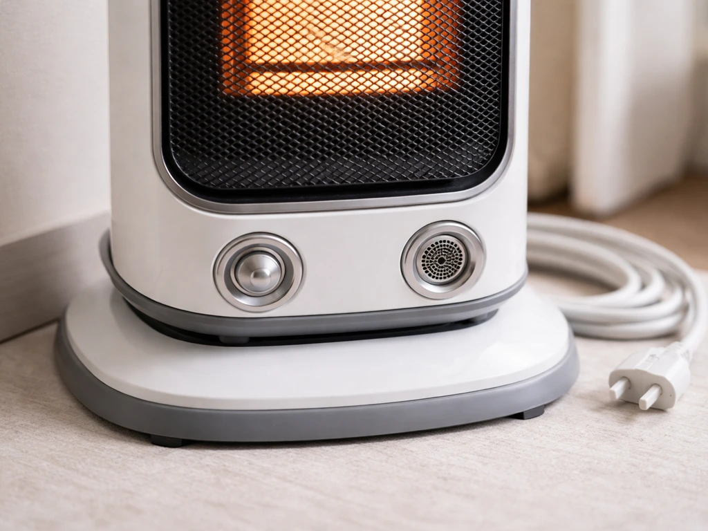 Close-up of an electric space heater with visible safety features like tip-over shutoff and overheat sensor