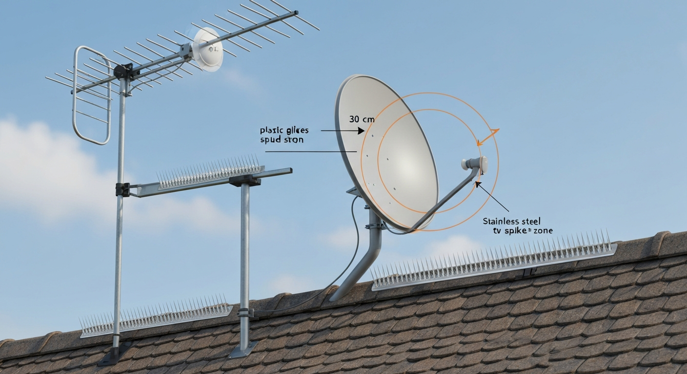Rooftop infographic showing TV antenna and satellite dish with bird spikes positioned safely; highlights feed-horn clearance and a 30 cm safety zone around antenna elements.