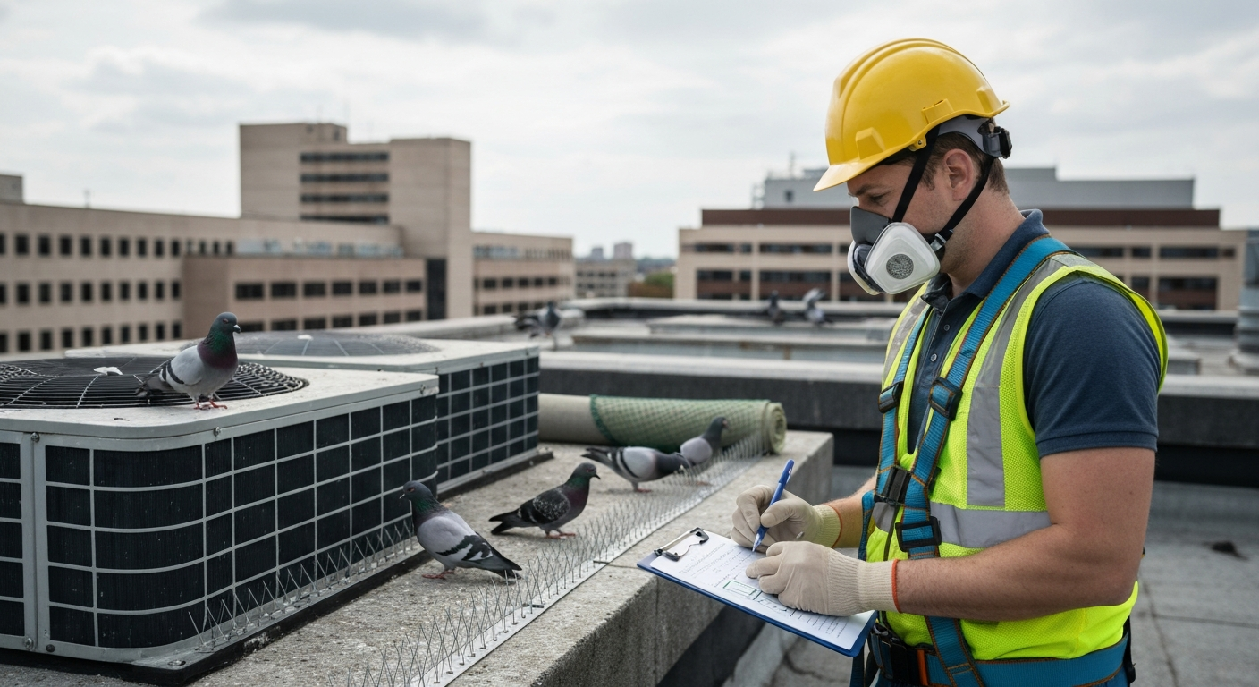 Bird removal technician assessing pigeons on a hospital rooftop HVAC unit, wearing safety gear and using a tablet.