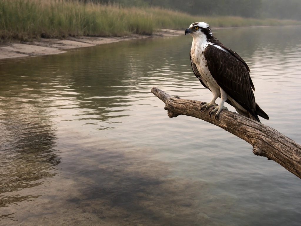 Osprey perched by a calm lake edge with faint dark sediment in the water suggesting contamination.