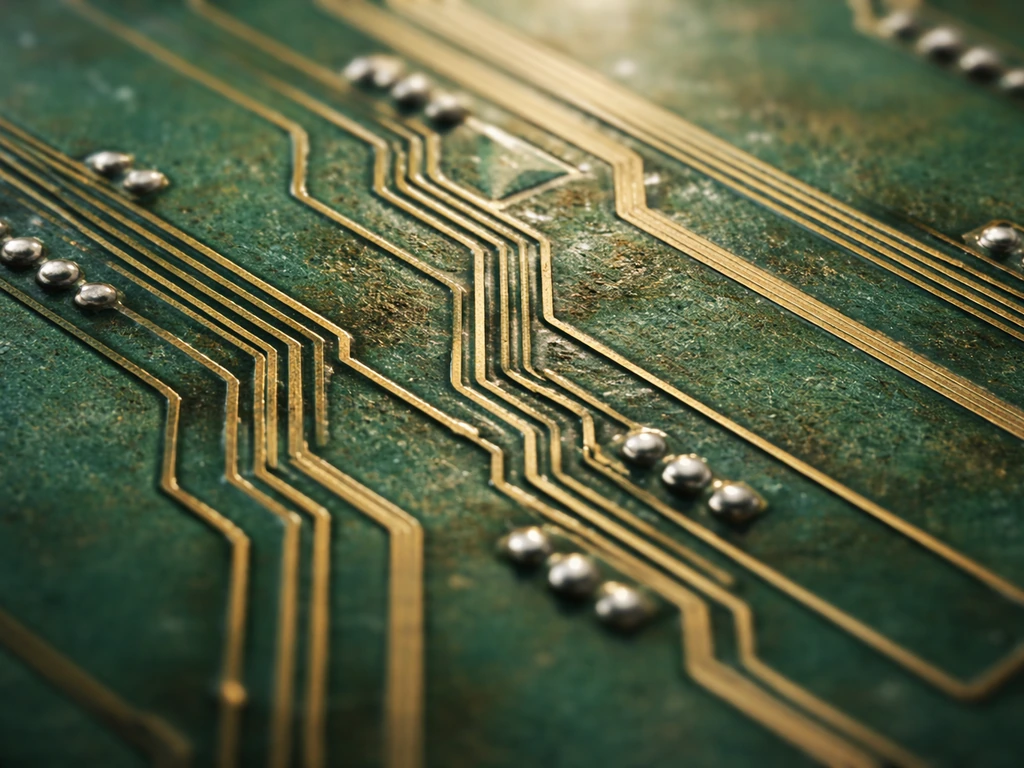 Macro close-up of a green printed circuit board showing copper traces and solder mask texture.