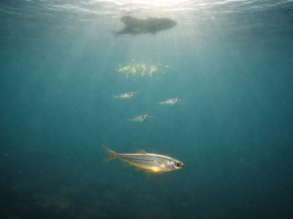 Underwater food chain: phytoplankton, small invertebrates, small fish, and a predatory predator with stronger fat-like t