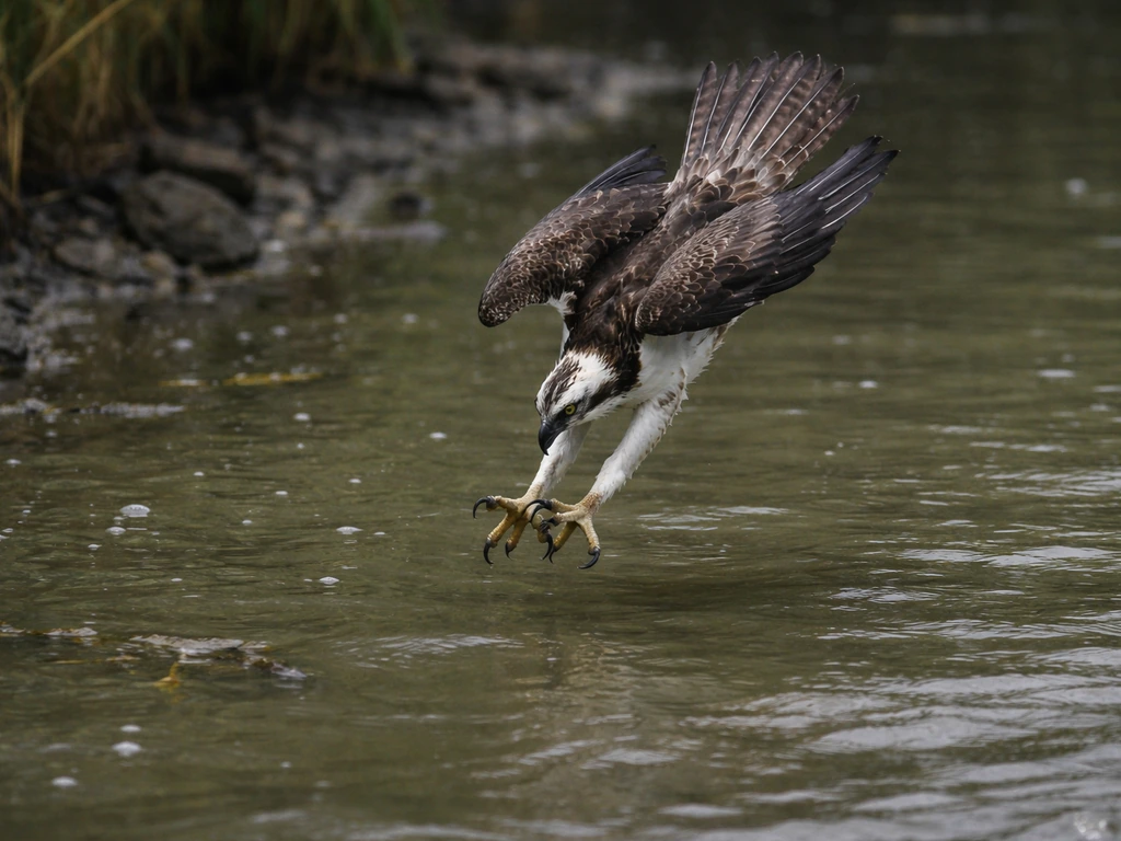 Osprey-like raptor diving toward fish near a murky, contaminated-looking shoreline