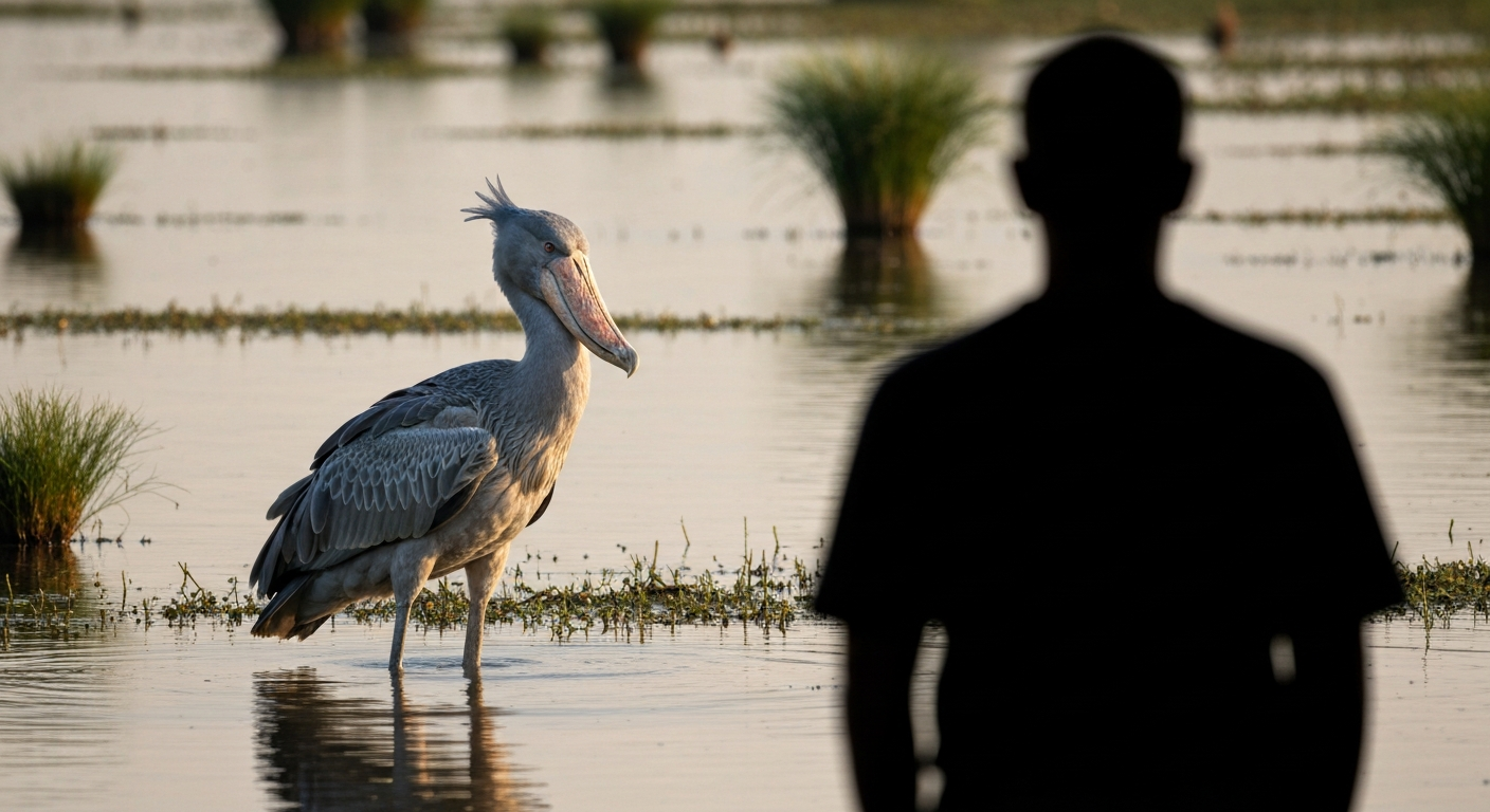 Adult shoebill standing in a papyrus swamp with a distant human silhouette for scale
