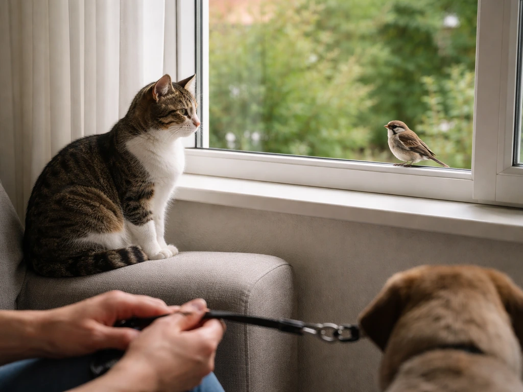 Calm indoor cat and leashed dog observe a wild bird outside a window from a safe distance.