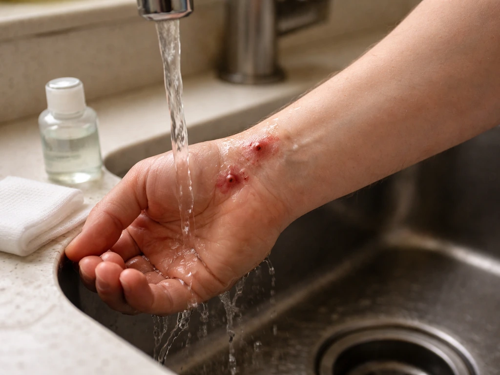 An adult rinses a bird-bite wound at a sink with water and gauze nearby.