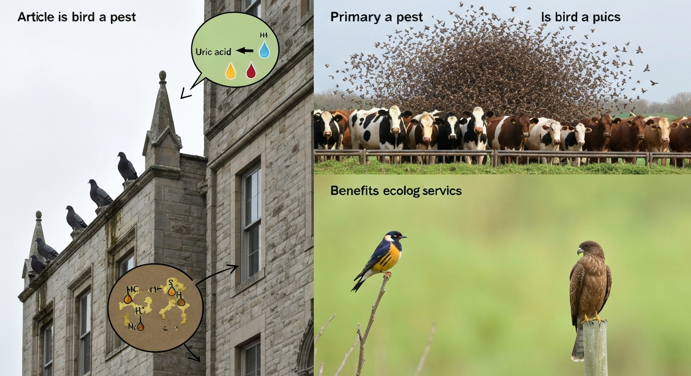 Split-scene illustration: pigeons fouling a historic building, starlings at dairy feed, and songbirds controlling insects, labeled to show pest impacts and ecological benefits.