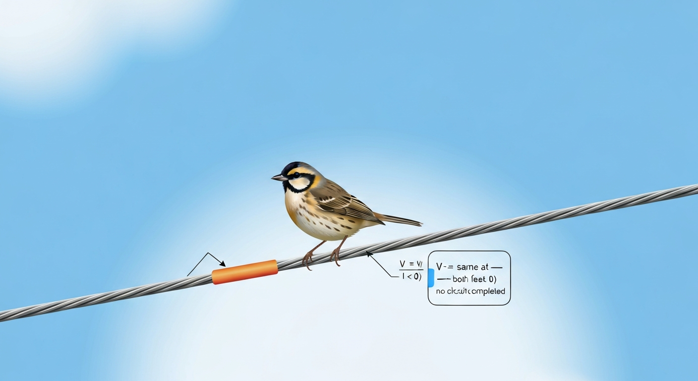 Illustration of a bird on one power line with labels showing same electrical potential at both feet and no current flow.