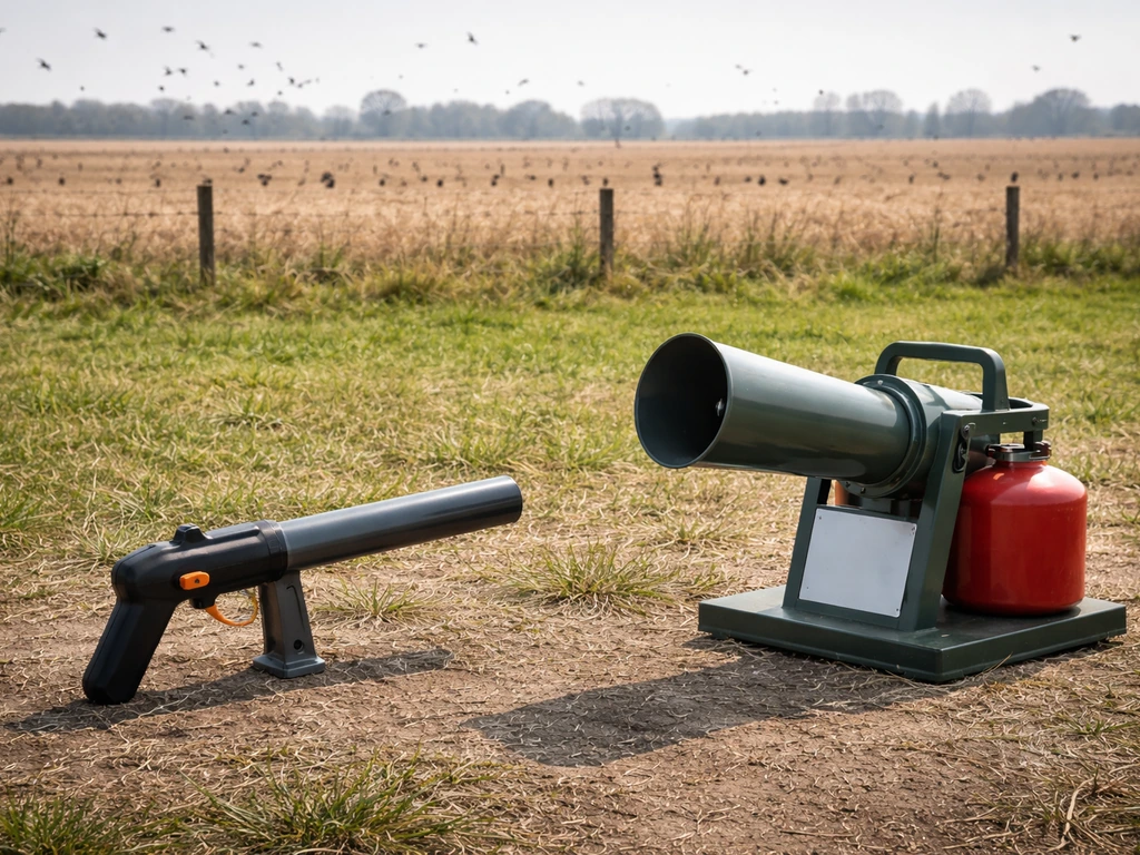 Two bird deterrent devices on a farm field with distant birds in flight, emphasizing scale and firing concept.